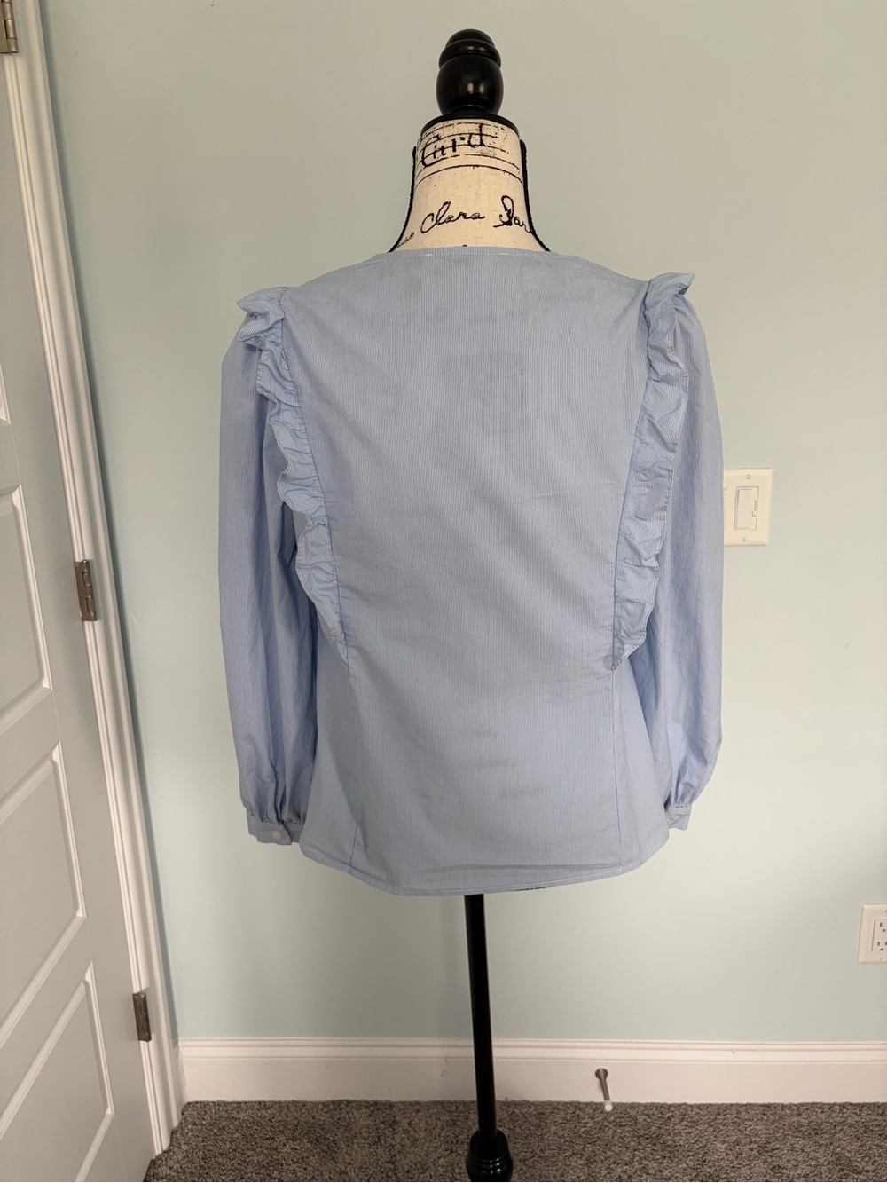 Light Blue Ruffle-Trim Button Front Blouse - Picture 3 of 8